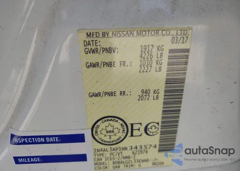 2017 Nissan Altima 2.5/2.5 S/2.5 Sl/2.5 Sr/2.5 Sv from USA, damaged, VIN 1N4AL3AP1HN343574